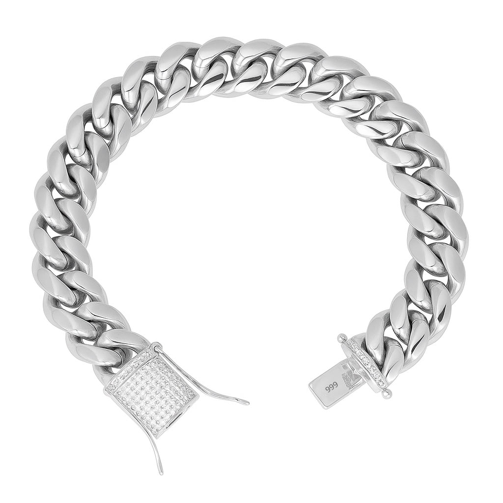 999 Silver Miami Cuban Bracelet – 14mm with Iced Clasp (22cm / 8.6”)