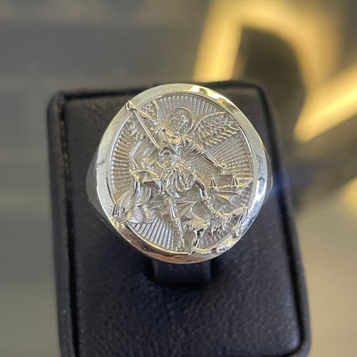 Anillo Arcángel San Miguel de Plata 950 para Hombre - nativosjewelry