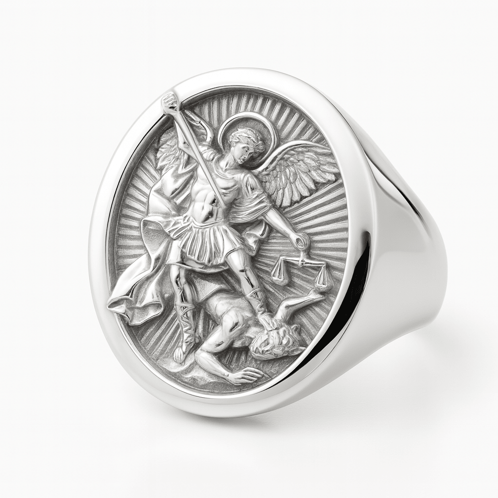 Anillo Arcángel San Miguel de Plata 950 para Hombre - nativosjewelry