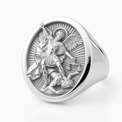 Anillo Arcángel San Miguel de Plata 950 para Hombre - nativosjewelry