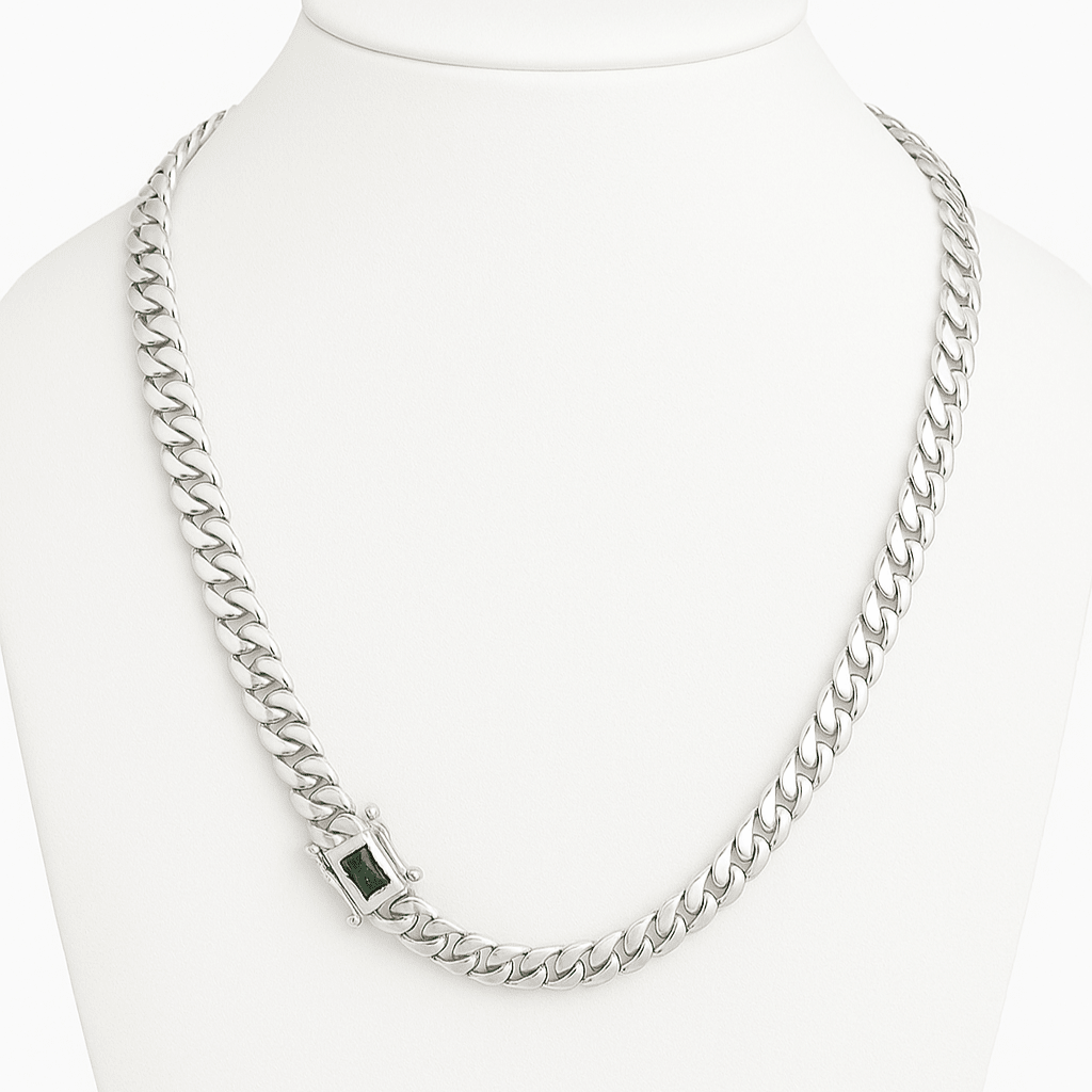 Cadena Cubana Planchada Plata 999 - 8mm con Broche Esmeralda - nativosjewelry