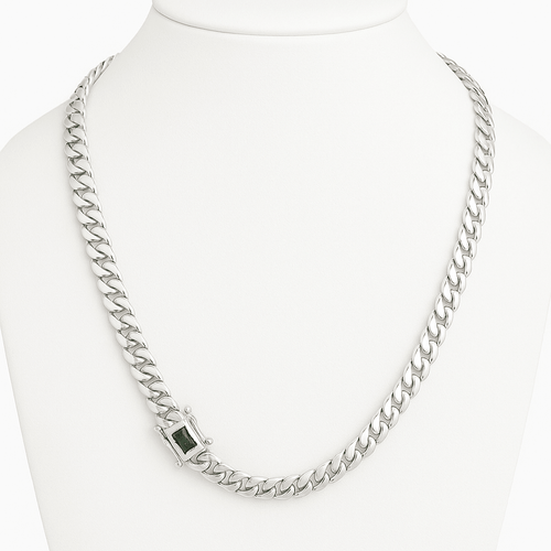 Cadena Cubana Planchada Plata 999 - 8mm con Broche Esmeralda - nativosjewelry