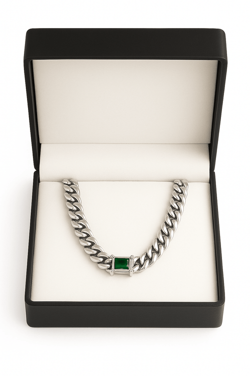 Cadena Cubana Planchada Plata 999 - 8mm con Broche Esmeralda - nativosjewelry