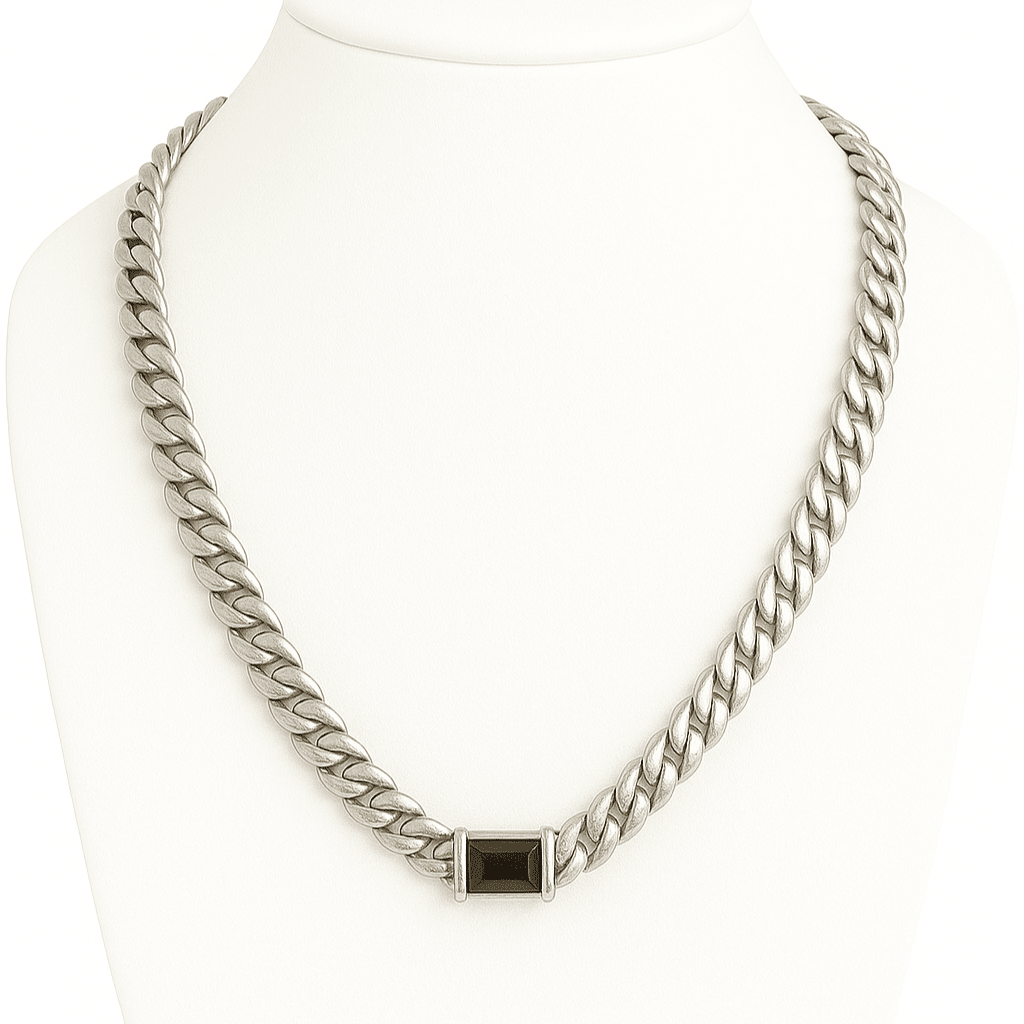 Cadena Eslabones Cubanos Planchados 10 mm de Ancho dije Onix - Plata 999 - nativosjewelry