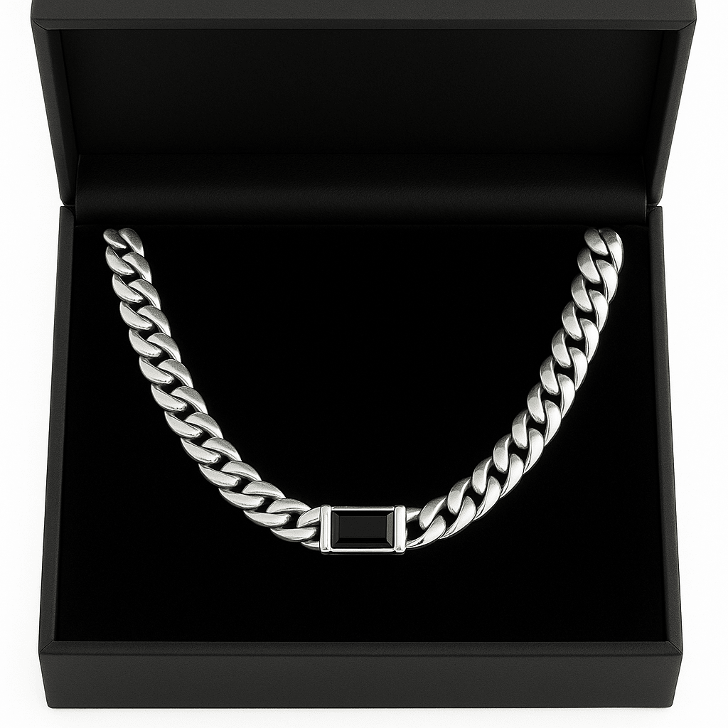 Cadena Eslabones Cubanos Planchados 10 mm de Ancho dije Onix - Plata 999 - nativosjewelry