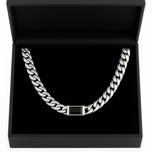 Cadena Eslabones Cubanos Planchados 10 mm de Ancho dije Onix - Plata 999 - nativosjewelry