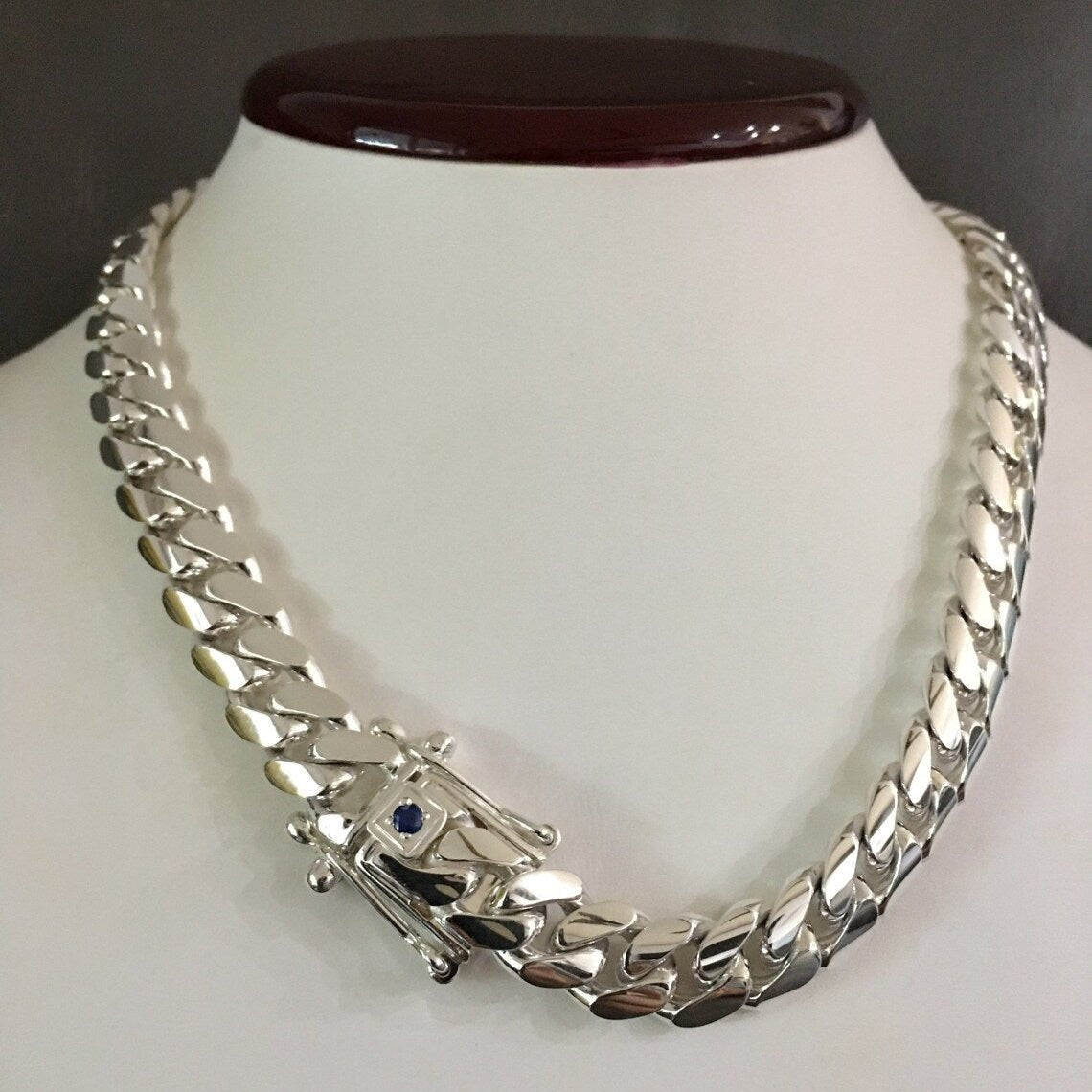 Collar eslabones cubanos 11 mm Zircón Zafiro Plata 999 - nativosjewelry