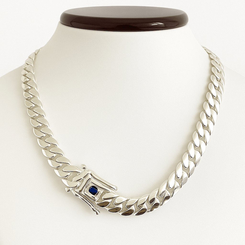 Collar eslabones cubanos 11 mm Zircón Zafiro Plata 999 - nativosjewelry