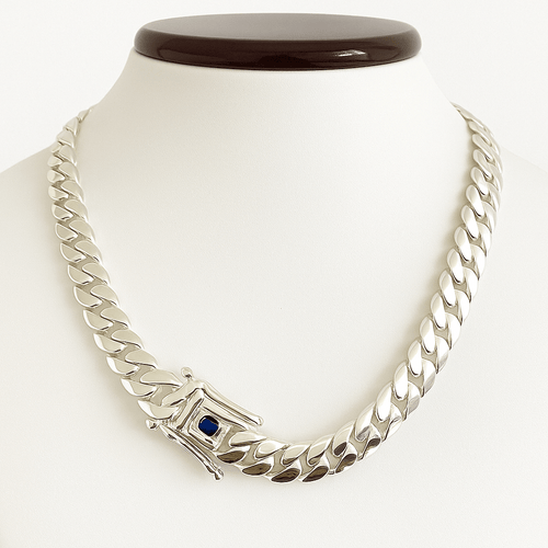 Collar eslabones cubanos 11 mm Zircón Zafiro Plata 999 - nativosjewelry