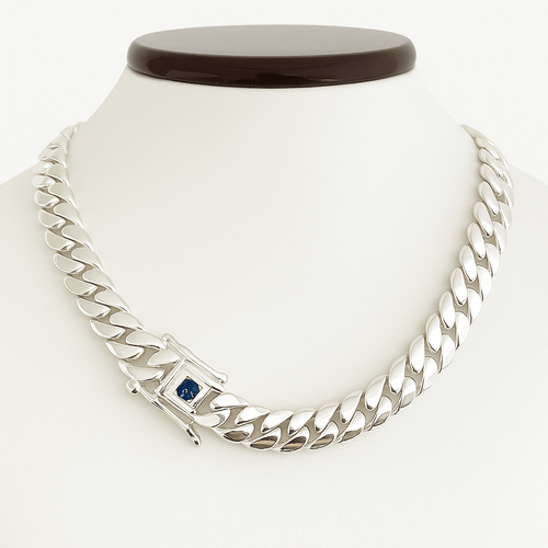 Collar eslabones cubanos 11 mm Zircón Zafiro Plata 999 - nativosjewelry