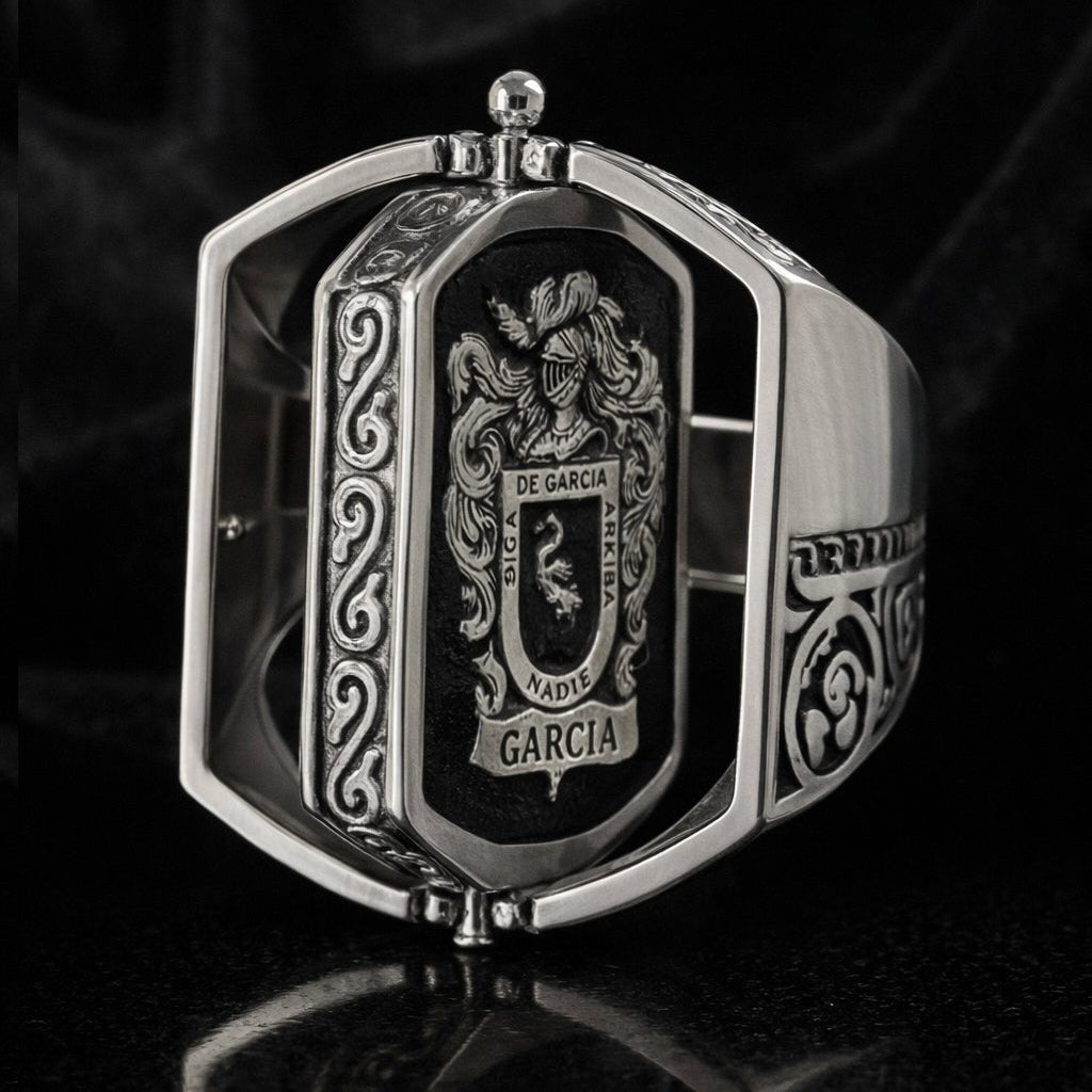 Anillo Escudo Herencia Doble — Family Crest Ring Silver 950 (Hinged Design) - nativosjewelry