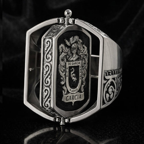 Anillo Escudo Herencia Doble — Family Crest Ring Silver 950 (Hinged Design) - nativosjewelry
