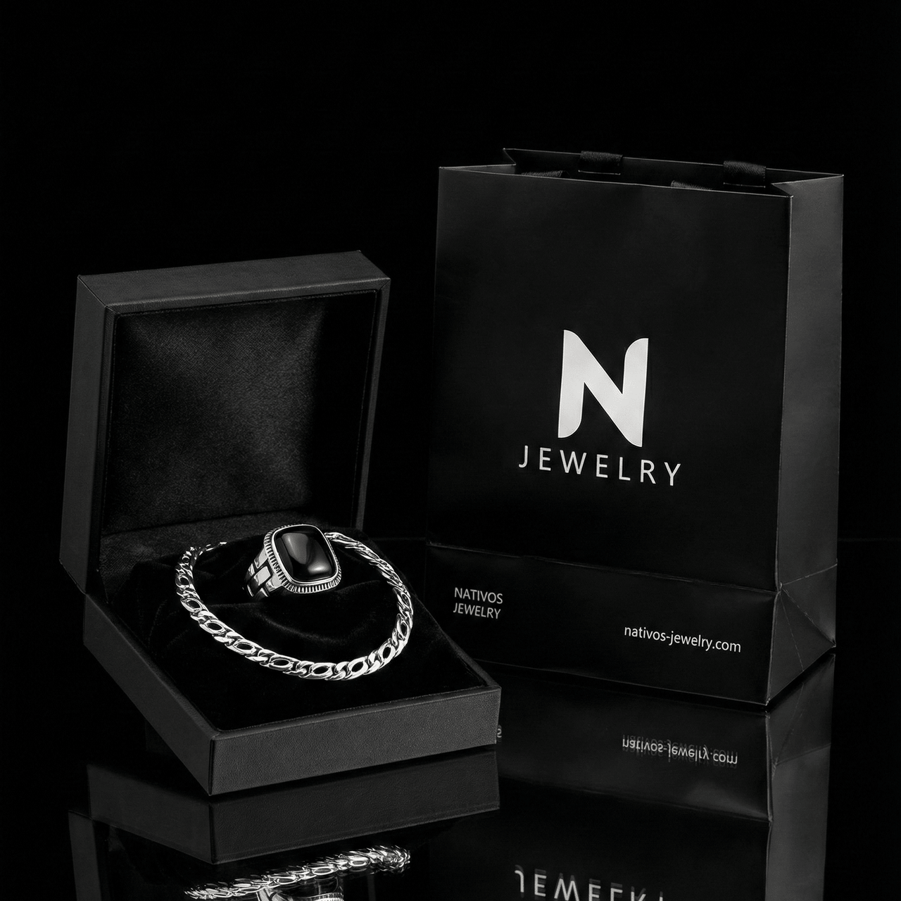Set Mónaco 3 mm + Anillo Ónix — Plata 950 - nativosjewelry