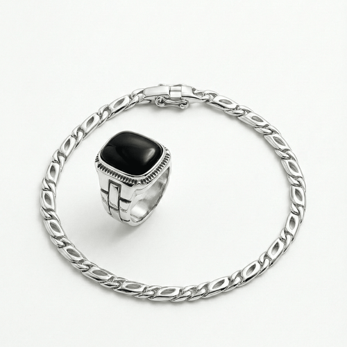Set Mónaco 3 mm + Anillo Ónix — Plata 950 - nativosjewelry