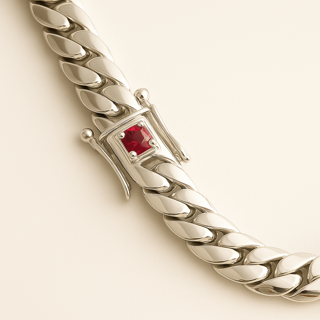 Cadena Eslabones cubanos 10.5 mm con circón Rubi - Plata 999 - nativosjewelry