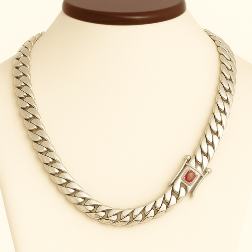 Cadena Eslabones cubanos 10.5 mm con circón Rubi - Plata 999 - nativosjewelry