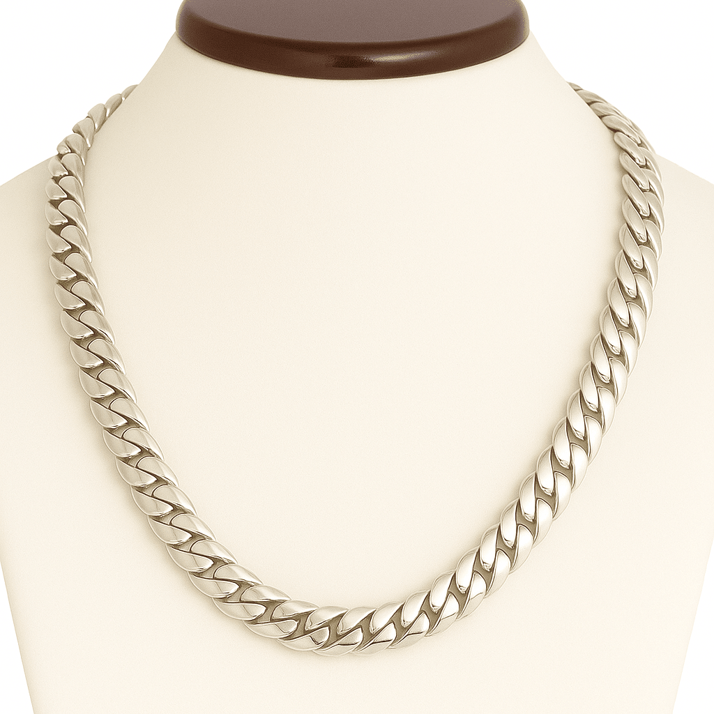 Cadena Eslabones cubanos 10.5 mm con circón Rubi - Plata 999 - nativosjewelry