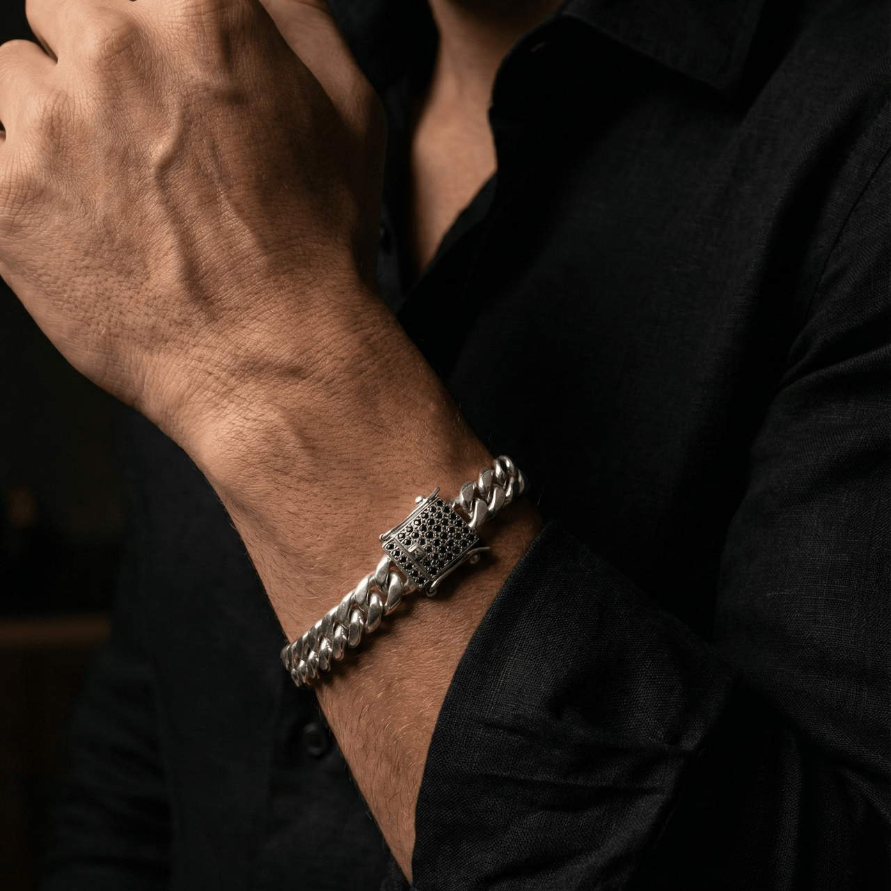 Cuban Noir 7mm — Silver Cuban Bracelet 999 with Onyx (21cm) - nativosjewelry
