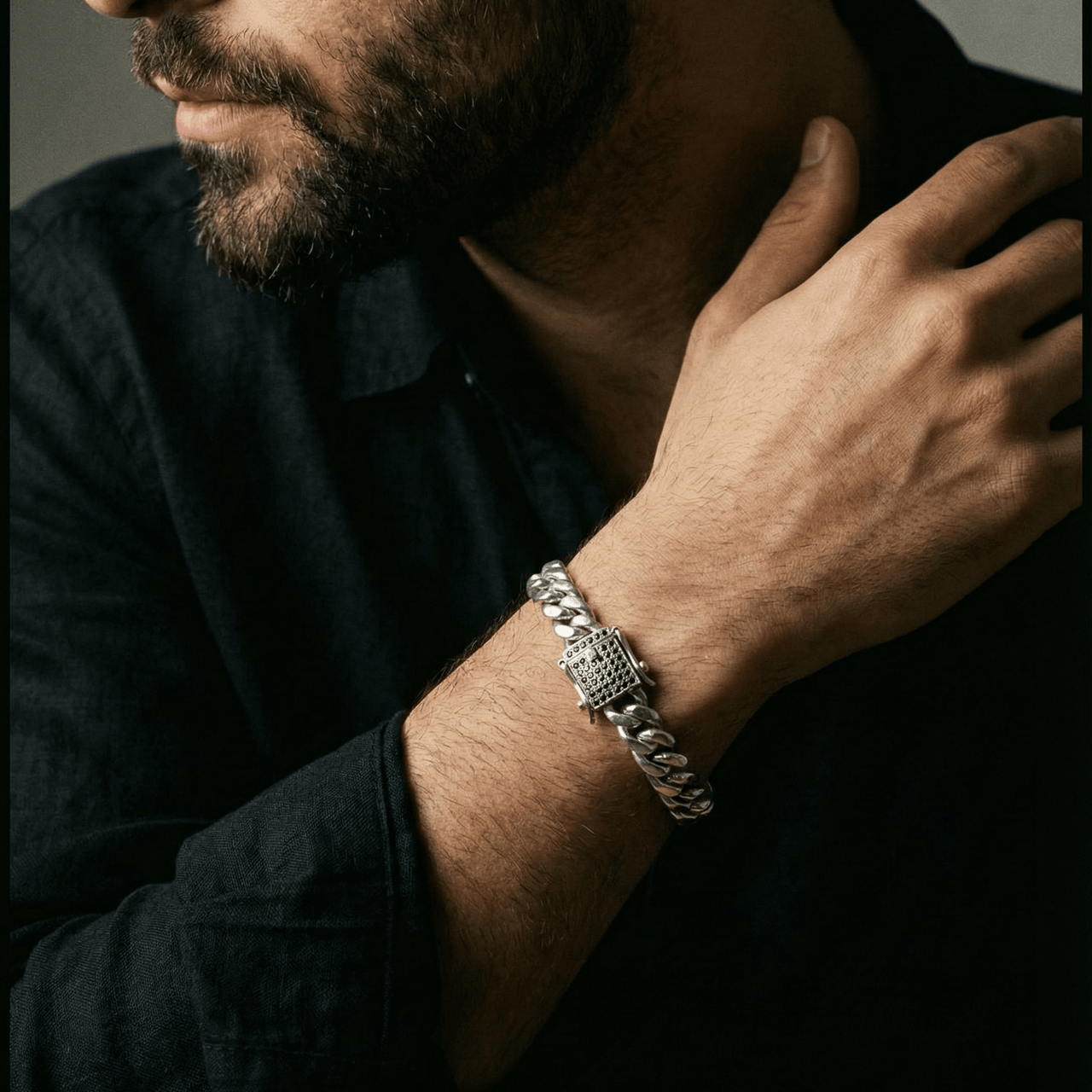 Cuban Noir 7mm — Silver Cuban Bracelet 999 with Onyx (21cm) - nativosjewelry