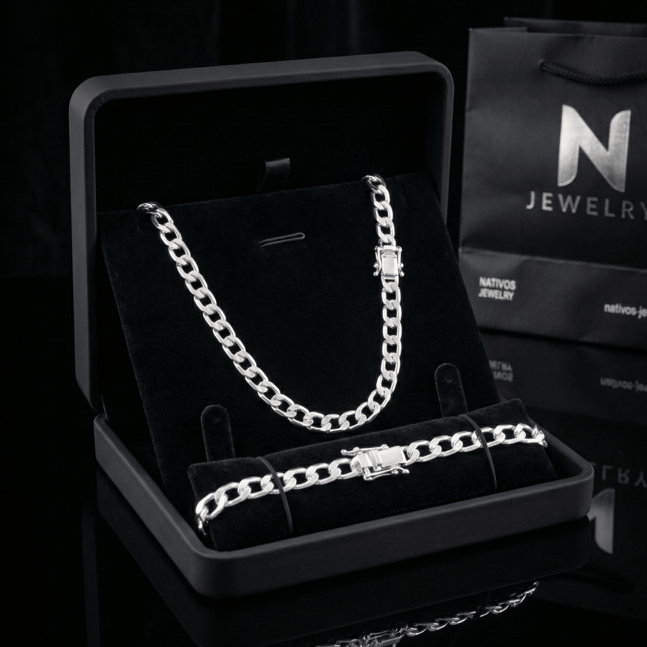 Set Cadena y Pulsera Hexagonal 5mm — Plata 950 - nativosjewelry