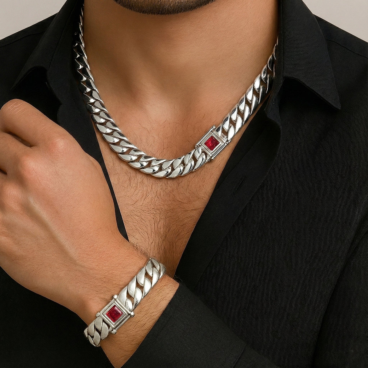 Set Cuban Dominio Rubí 12mm — Silver Chain & Bracelet 999 - nativosjewelry