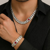 Thumbnail for Set Cuban Dominio Rubí 12mm — Silver Chain & Bracelet 999 - nativosjewelry