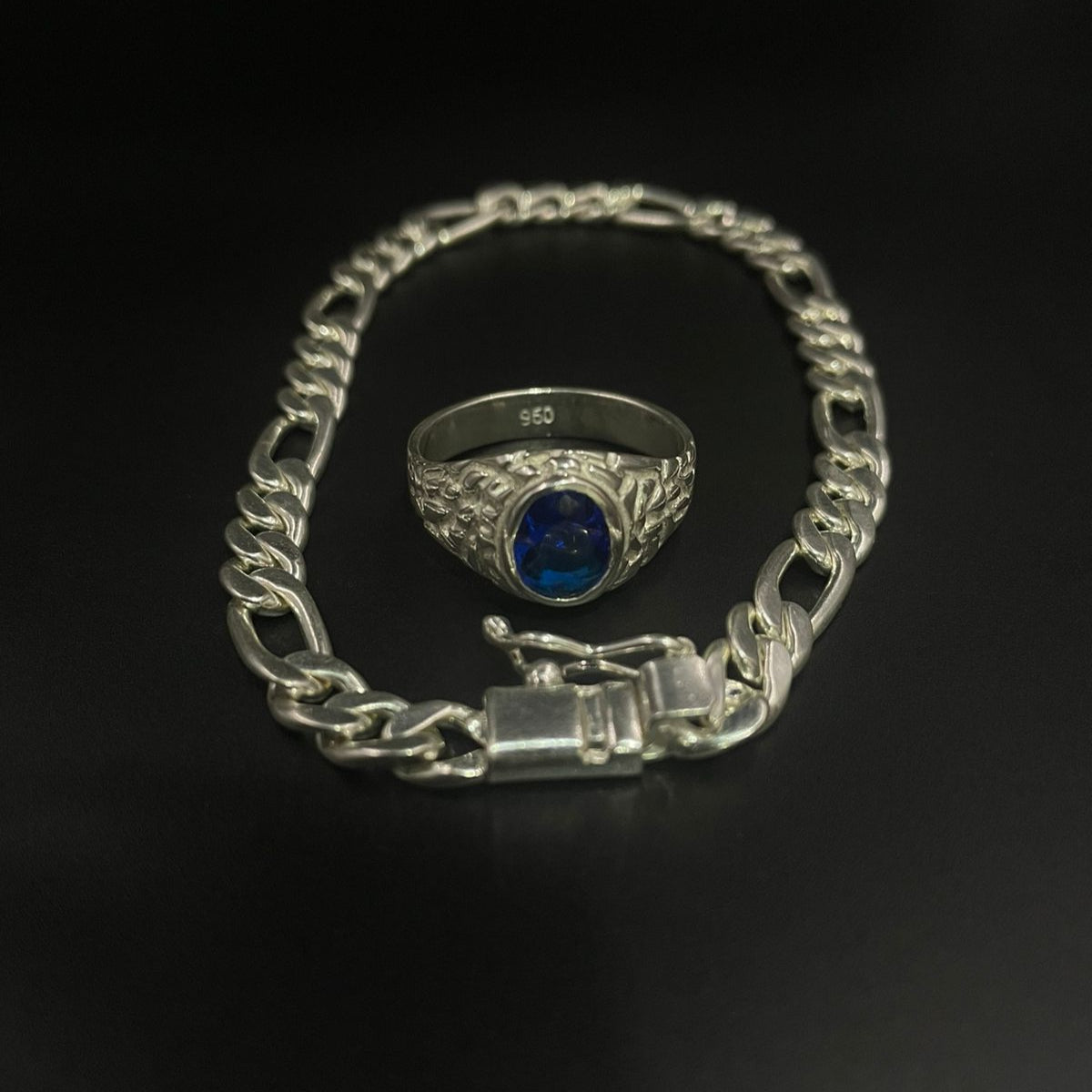 Pack Anillo labrado y Pulsera Fígaro de Plata 950 - nativosjewelry