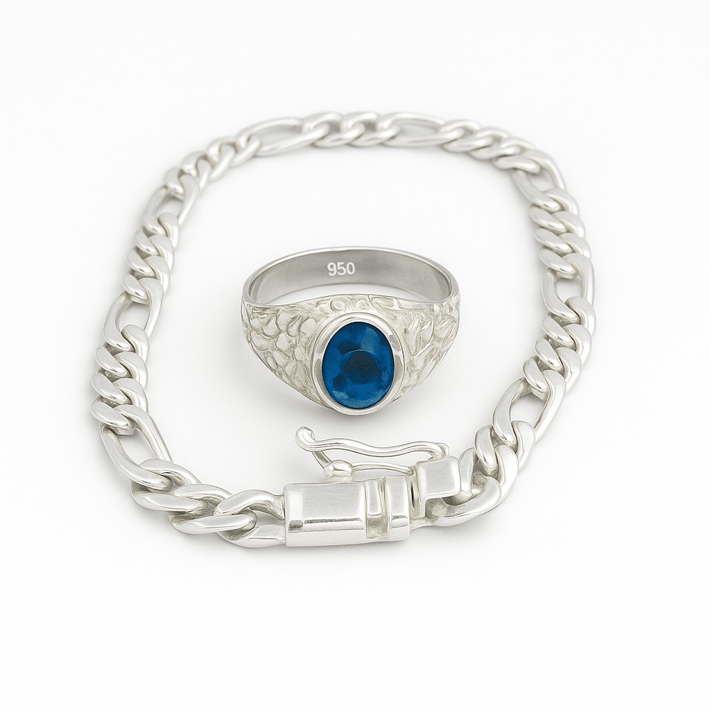 Pack Anillo labrado y Pulsera Fígaro de Plata 950 - nativosjewelry