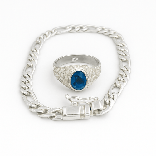 Pack Anillo labrado y Pulsera Fígaro de Plata 950 - nativosjewelry