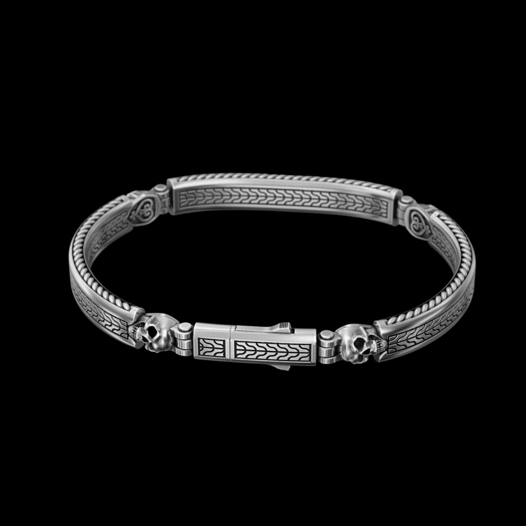 Skull Rebel 3D — Burnished Silver Bracelet 950 (20cm) - nativosjewelry
