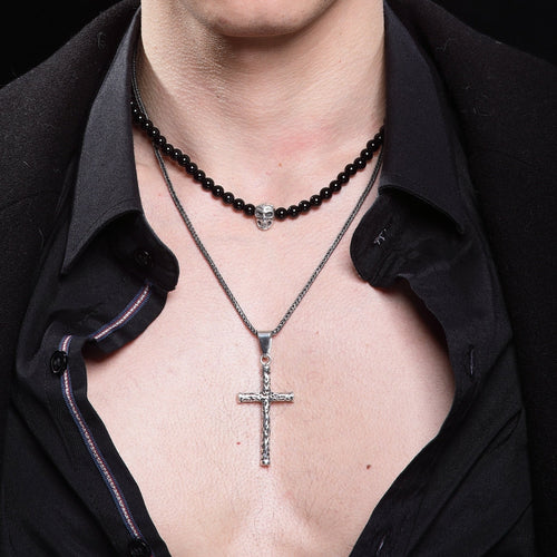 Conjunto de Cadena y Cruz de Plata 950 quemada y gargantilla Onix skull - nativosjewelry