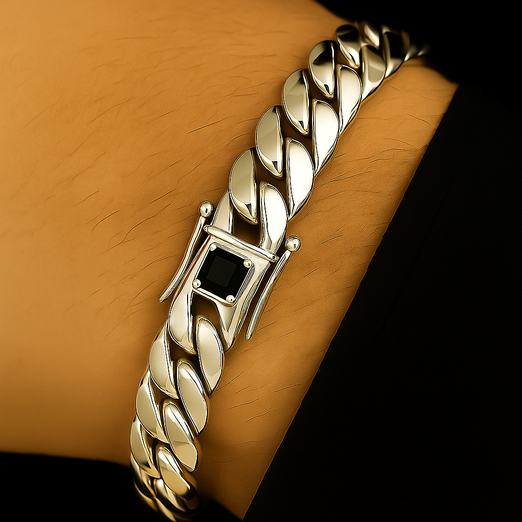 9mm Cuban Link Bracelet with Rooster Onyx Clasp - 999 Silver