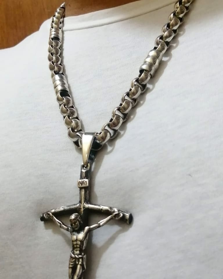Cadena Rolo y Crucifijo de Plata ley 950 Grueso y Macizo - nativosjewelry