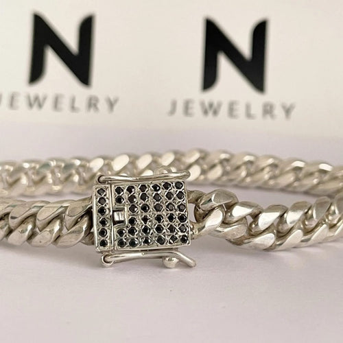 Cuban Noir 7mm — Silver Cuban Bracelet 999 with Onyx (21cm) - nativosjewelry
