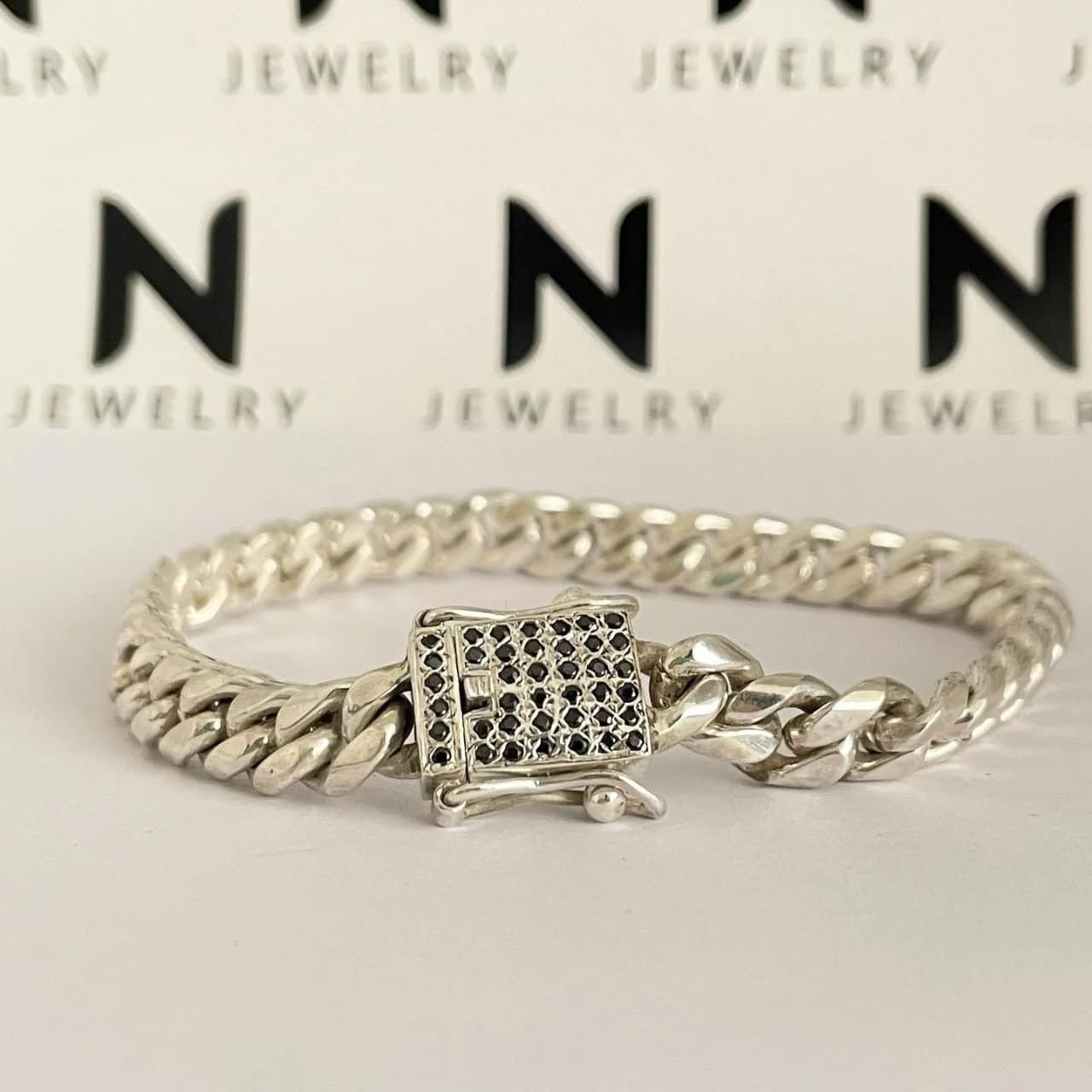 Cuban Noir 7mm — Silver Cuban Bracelet 999 with Onyx (21cm) - nativosjewelry