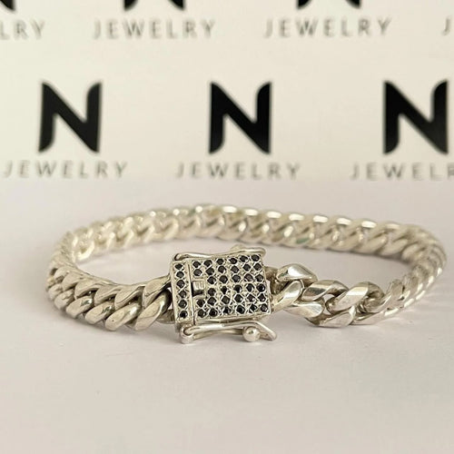 Cuban Noir 7mm — Silver Cuban Bracelet 999 with Onyx (21cm) - nativosjewelry