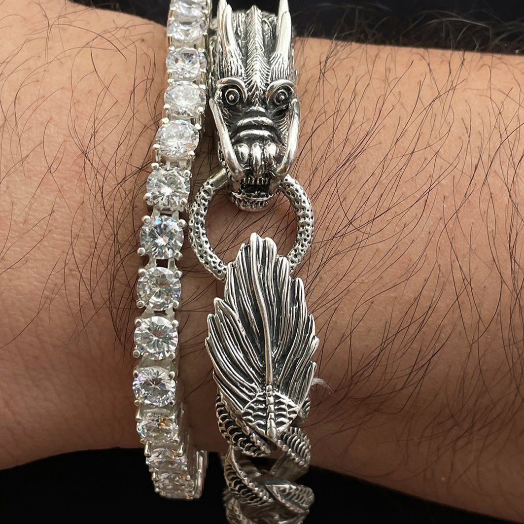 Dragón Realista — Burnished Solid Silver Bracelet (21cm) - nativosjewelry